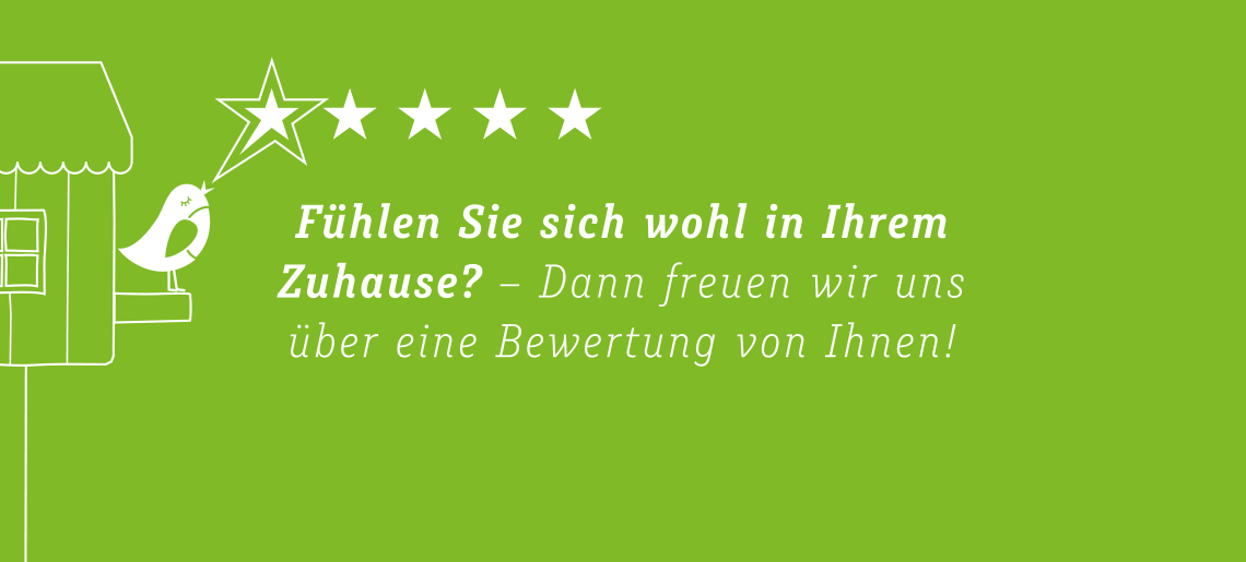 Ein Vogel sitzt auf einem stilisierten Vogelhaus neben fünf Sternen auf grünem Hintergrund, begleitet von einem Bewertungsaufruf.